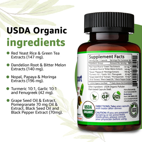 CholesterolSupport All-Natural USDA Organic Cholesterol Support Supplement by Bodymune | 60 Days Supply | Helps Maintain Healthy Cholesterol Level Heart Health Support |100% Vegan Gluten Free Non GMO