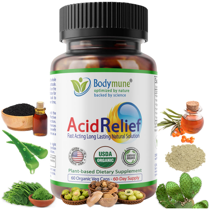 Bodymune AcidRelief Acid Reducer Acid Indigestion Relief Supplement for Occasional Acid Reflux & Antacid, USA-Made USDA Organic Superfood, All-Natural Unique Blend Non-GMO Gluten-Free Vegan - 60 Caps