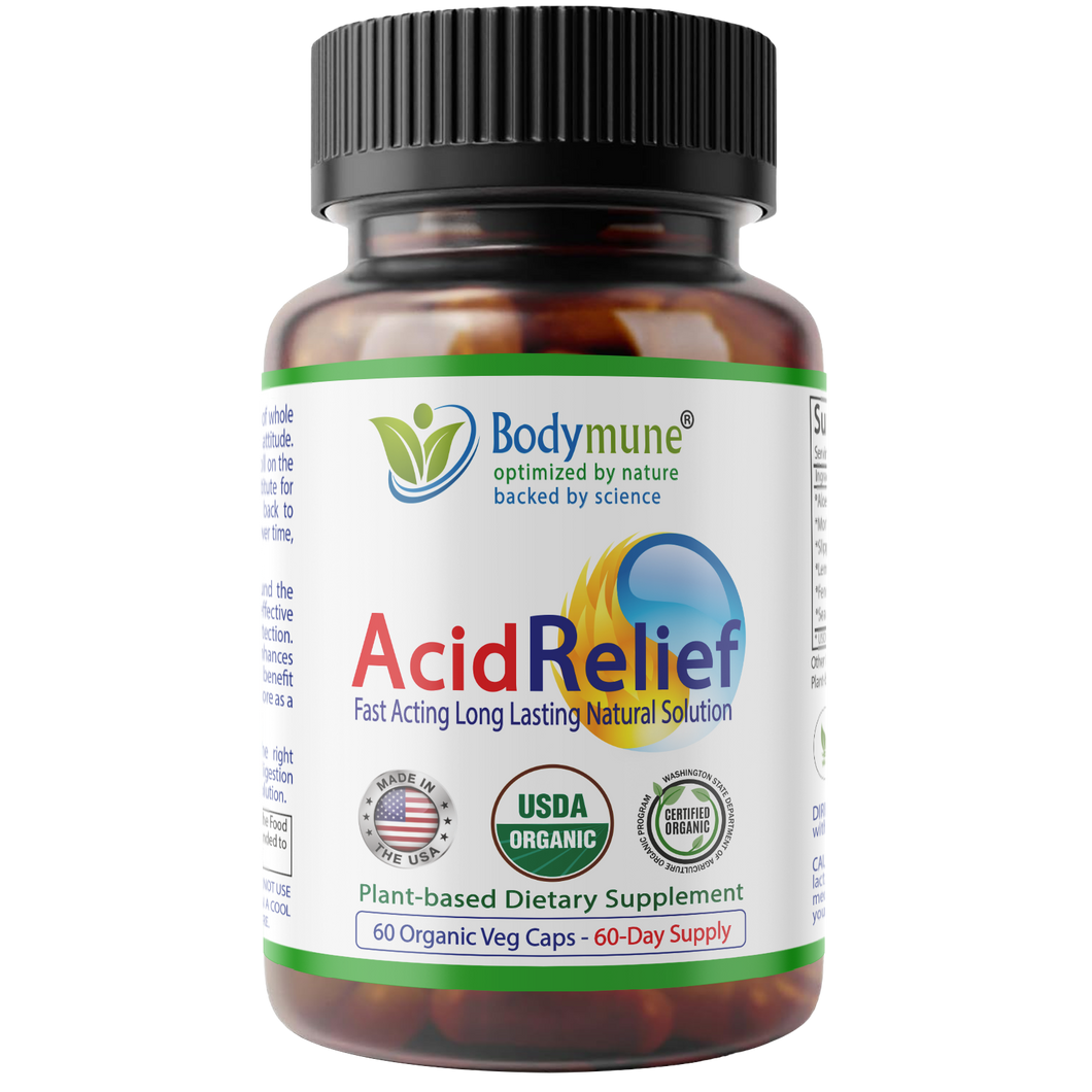 Bodymune AcidRelief Acid Reducer Acid Indigestion Relief Supplement for Occasional Acid Reflux & Antacid, USA-Made USDA Organic Superfood, All-Natural Unique Blend Non-GMO Gluten-Free Vegan - 60 Caps
