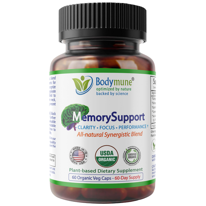 Bodymune Memory Support Supplement, USDA Organic Superfood for Brain Support, Occasional Memory Loss Mental Fatigue Synergistic Blend of Ginkgo Biloba Eleuthero Gotu Kola Ashwagandha Oils & More 60 ct