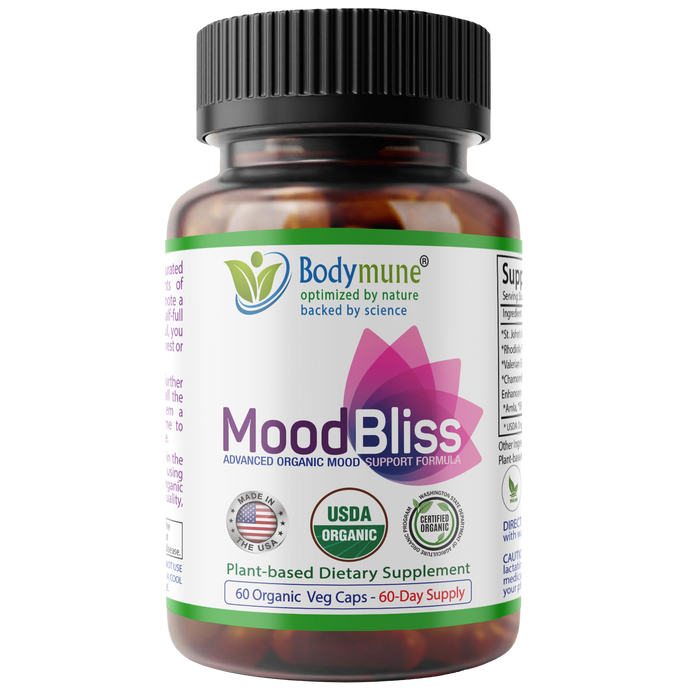 Bodymune MoodBliss Mood Support Supplement, USA-Made USDA Organic Plant-Based Superfood for Stress Relief, Calm Mind & Body w/ St John’s Wort Rhodiola Ashwagandha Valerian Medicinal Oils & More 60 ct